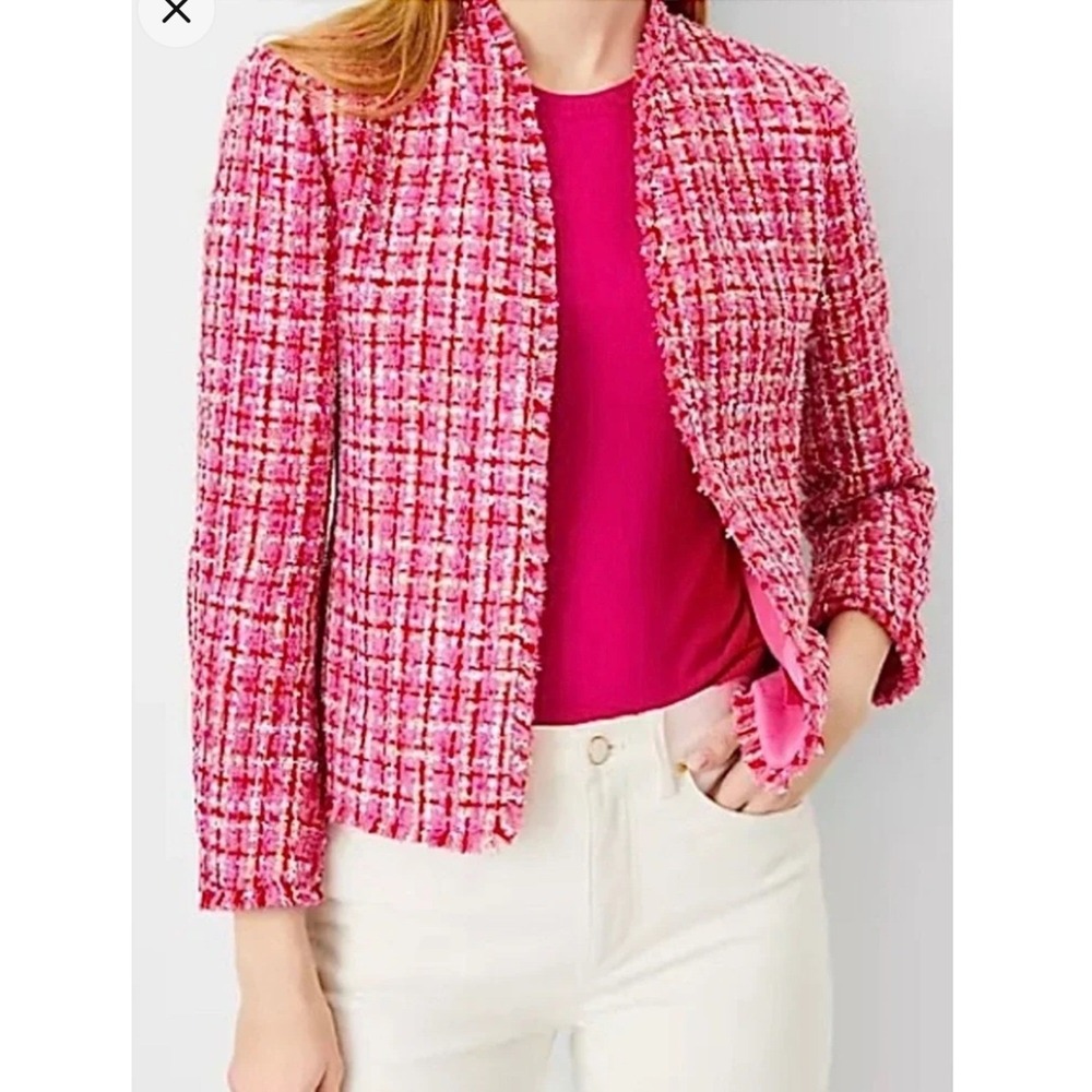 New Ann Taylor Pink Fringe Tweed The Cutaway Jacket SZ 16 Career Blazer